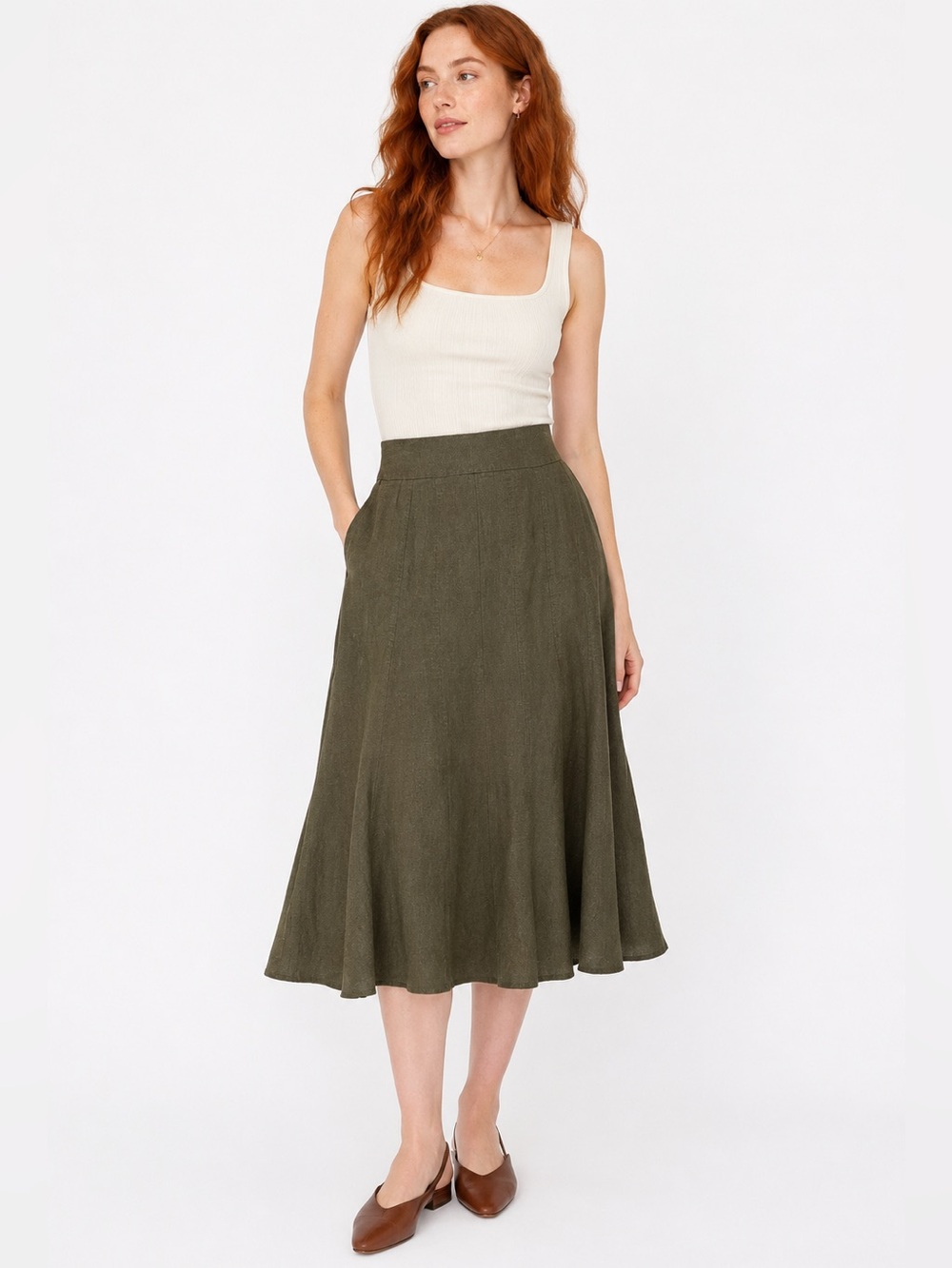EWM Olive Green Linen Blend A-Line Midi Skirt Size 12